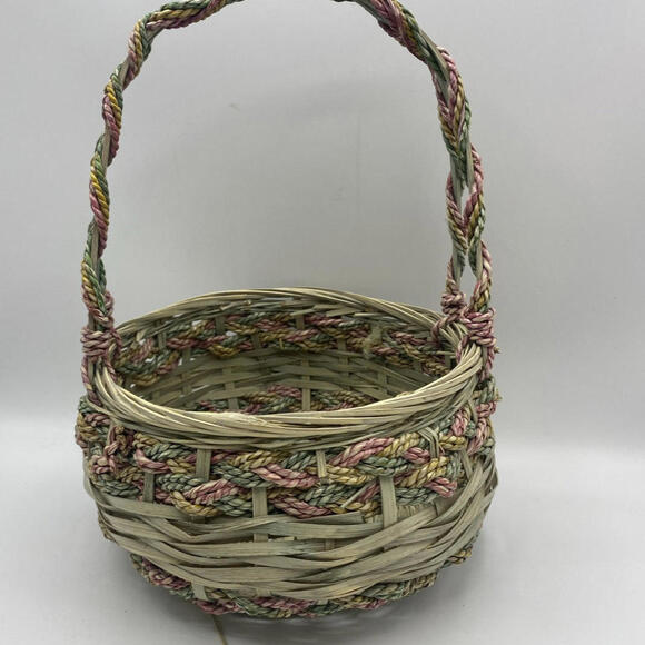 Other - Vintage Easter Basket Woven Twisted Rope Wicker Round Pink Blue